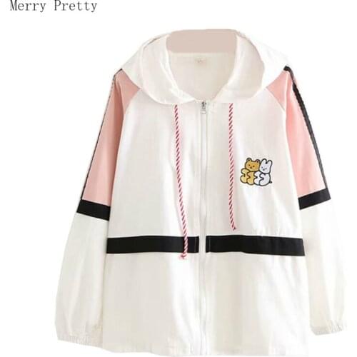 Cartoon Embroidery Zipper Jackets Coats For Women Harajuku Hooded Jacket Korean Jackets Long Sleeve Casual Outerwear With Pocket
