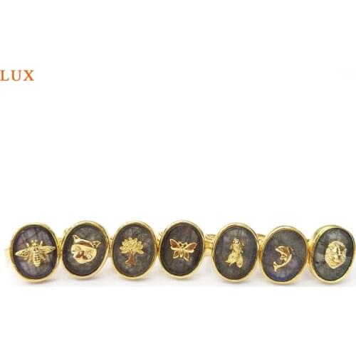 LUX Natural labradorite Gems stone rings for women girls gift gold color plated adjustable Mosaic metal insects animal rings