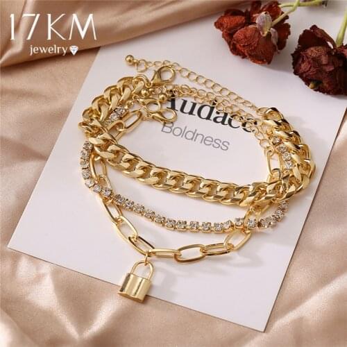 17KM Punk Gold Multilayer Lock Crystal Chain Bracelets Set Retro Geometric Snake Pendant Charm Bracelet 2021 Trend Jewelry