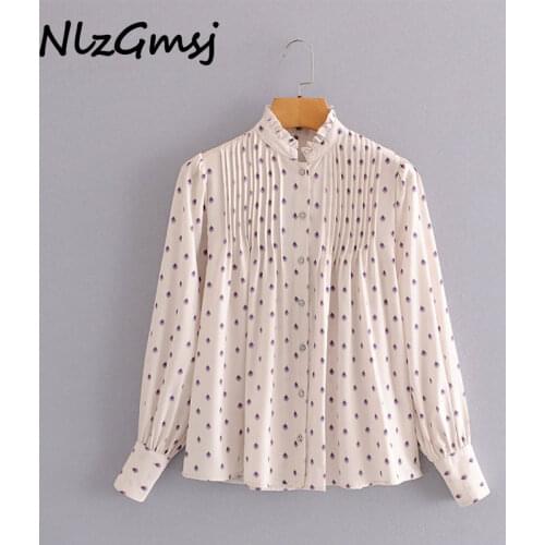 Nlzgmsj Za Women 2020 Fashion Semi-sheer Printed Pleated Blouses Vintage High Collar Long Sleeve Female Shirts Blusas Chic Tops