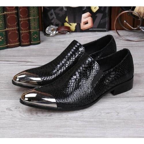 New 2018 Mens Black Leather Shoes Front Metal Cap Mens Dress Shoes Designers Shoes Men EU38-46! Zapatillas Hombre