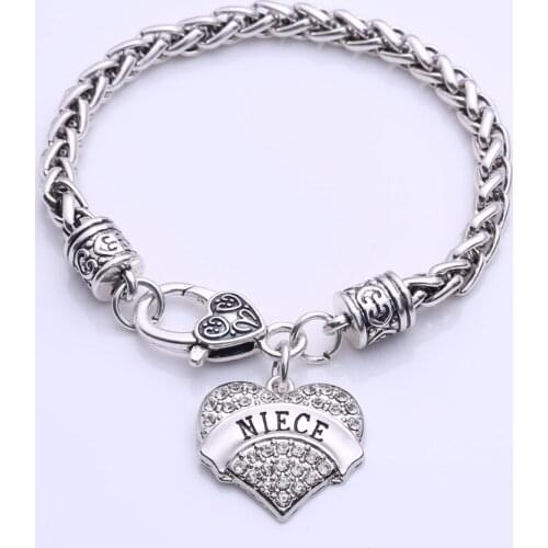 Mothers Day Gift for NIECE Bracelet Engraved Lobster Claw Clear Crystal Pave Heart Charm Bracelet