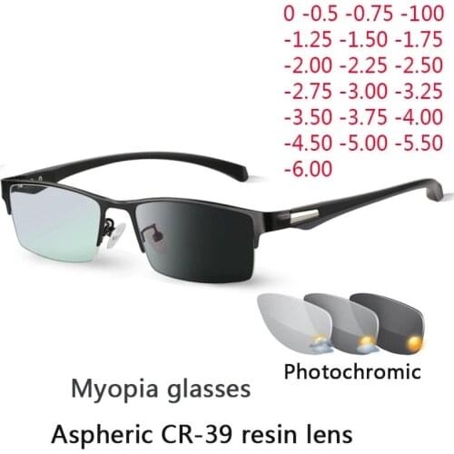 Sun Photochromic Myopia Eyeglasses Men Finished Chameleon Lens Prescription Glasses Half Metal Frame -0.5 -0.75 -1.0 -2 To -6