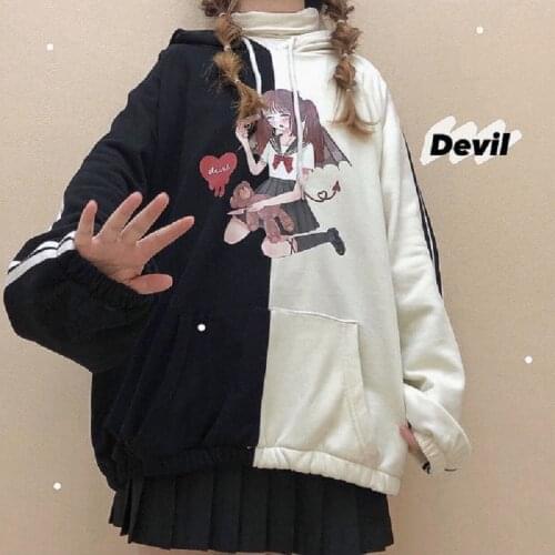 Stitching hoodie women winter cute Japanese cartoon print loose long-sleeved sweatshirt streetwear chic Harajuku oversize hoodie