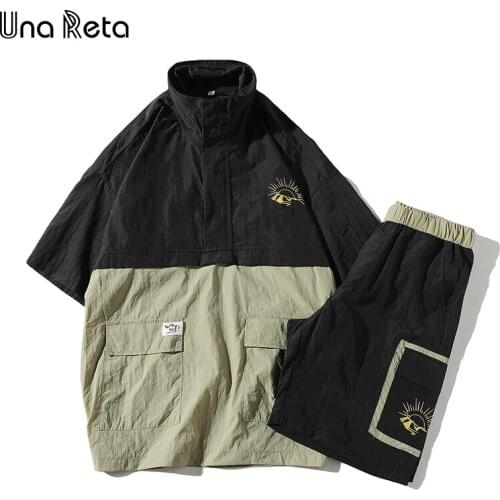 Una Reta Summer Tracksuit Men 2021 New Casual Sunscreen Short Sleeve T-shirt + Shorts Plus Size Patchwork Two-piece Set Suit