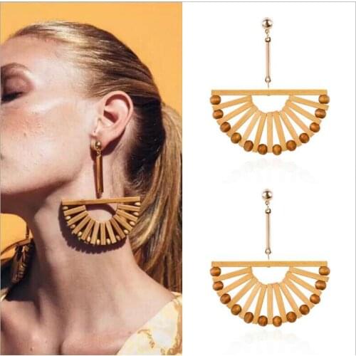 Vintage Big Fan Shape Drop Earrings Geometric Wooden Leisure vacation hollow out wooden Long Earrings For Women Jewelry