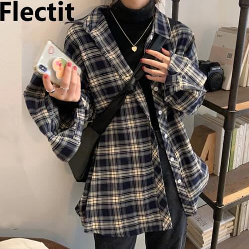 Flectit Plaid Flannel Jacket Female Long Sleeve Lapel Collared Button Up Oversize Shacket Overshirt Women Fall Winter