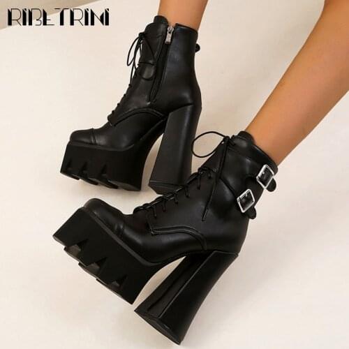 RIBETRINI Sexy Brand Lady Block Heel Designer Zipper Black Shoes Solid High Heels shoes lace Ankle Women Boots Winter Boots