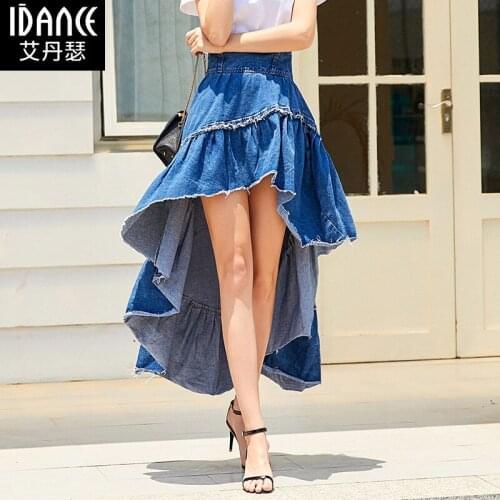 Free Shipping 2020 New Fashion Stretch Long Maxi Denim Jeans Skirts For Women XS-XL High Low Skirts Summer Spring High Waist