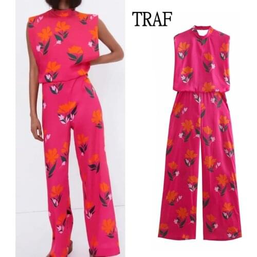 TRAF Za Jumpsuit Women 2021 Pink Print Cutout Summer Woman Outfit Sleeveless Female Jumpsuit Elegant Wide Leg Woman Jumpsuits
