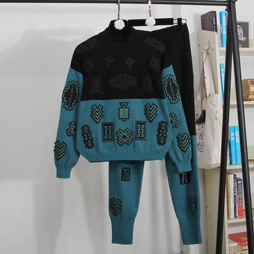Embroidery Stitching Hit The Color Knit Set Women Autumn Long Sleeve Pullover Sweater Pencil Pants Outfits Female Tracksuit Sets