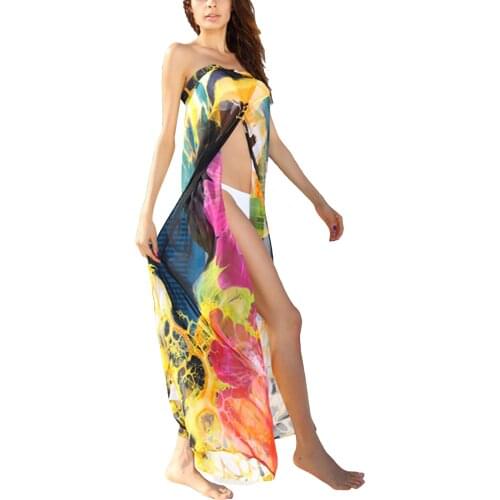 Female Beach Dress Tie-Dyed Sleeveless Strapless Long Dress Bikini Cover Ups for Summer Black/Yellow Beachwear Biquini