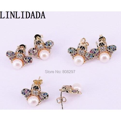 10Pair Pave Zirconia insects Shape Pearl Stud Earrings Fashion Earrings for Women Wedding Party Gift Jewelry