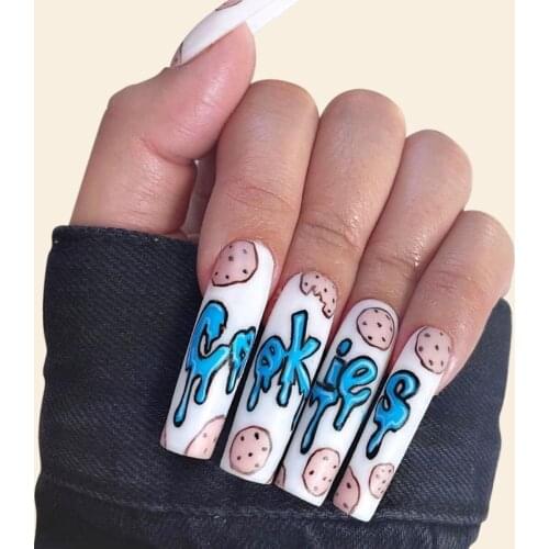 24pcs/box Fake Nail With Glue Cookies Print Type Long Paragraph Fashion Manicure False Nails Press On With Design Save Time DL
