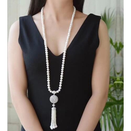 Hollow zircon round ball tassel pendant long natural pearl necklace for women engagement banquet high jewelry pearl necklace