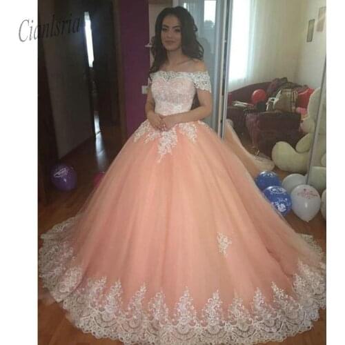 Fashion Quinceanera Dresses Off The Shoulder Coral Tulle White Lace Ball Gowns Sweet 16 Dress Vestidos de 15 anos