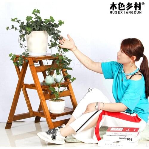 Free Installation Of Solid Wood Three-tier Platform Ladder Home Folding Wooden Ladder Pedal Ladder Small Ladder Flower Stan