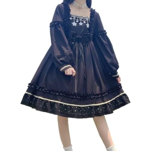 Lolita Cute Ruffles Girls Princess Dress Gothic Cosplay Party Kawaii Sequin Lace Long Sleeve Halloween Maid Black Sweet Clothes
