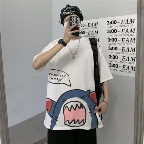 WHOHOLL Man Women T-shirt 2021 Summer Funny Cartoon Boxing Shark Printing Fashion Brand Korean Short Sleeve T-Shirt For Couples