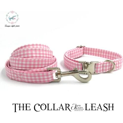 Dog Collar And Leash Set With Bow Tie Cotton Dog &Cat Necklace And Dog Lead Fashion Pink And White Plaid