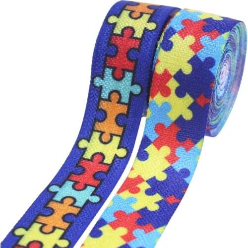 5/8" 16mm picture puzzle heat transfer printing fold over elastic for kids' hair bands autism awareness 50 yards per roll