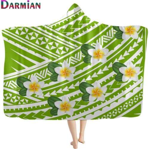 DARMIAN Colorful Polynesian Tribal Plumeria Flower 3D Printed Wearable Hooded Blanket Fluffy Sherpa Fleece Blankets Warm Soft