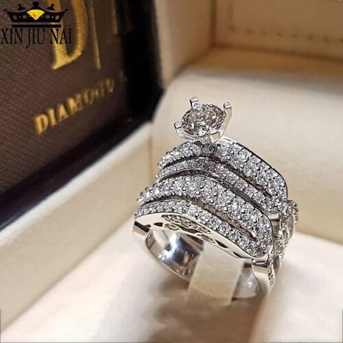 Luxury Female White Round Zircon Ring Set Crystal 925 Silver Bridal Ring Wedding Jewelry Promise Engagement Rings For Women
