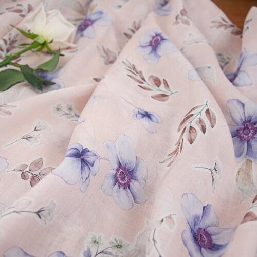 One meter High quality natural pure ramie fabric Purple flowers print fabric for dress Fashionable dress robe cheongsam tissu