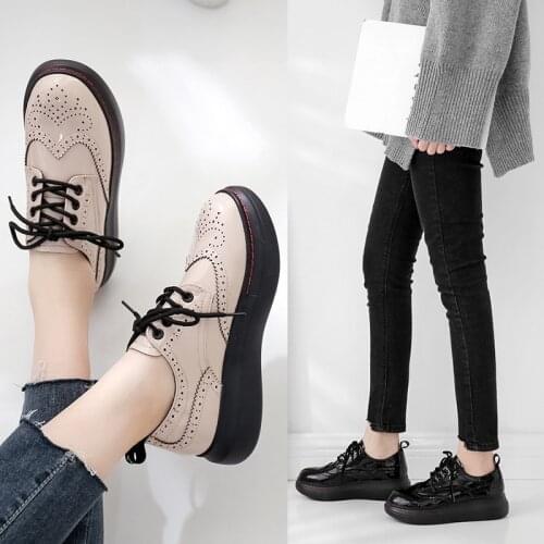 Creepers wedges women single shoes designer round toe carved lace-up bullock shoes student cozy non-slip brogue shoes moccasins