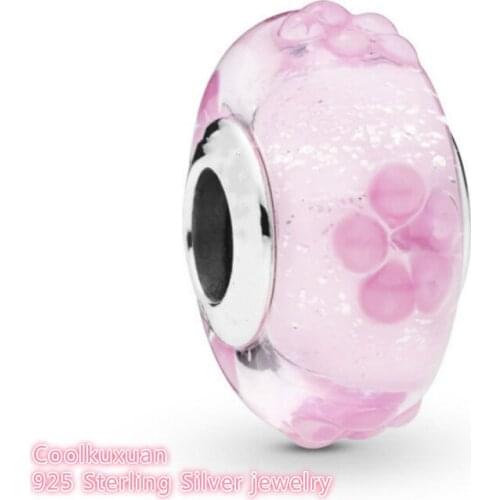 Spring Original 100% 925 Sterling Silver Pink Flower Glass Charm beads Fits Brand bracelets Jewelry Making