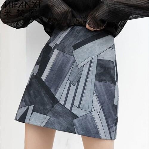 Harajuku Skirts Womens 2020 Korean Style Vintage Black Gray Color Block Print High Waist A Line Mini Skirt mujer faldas B363