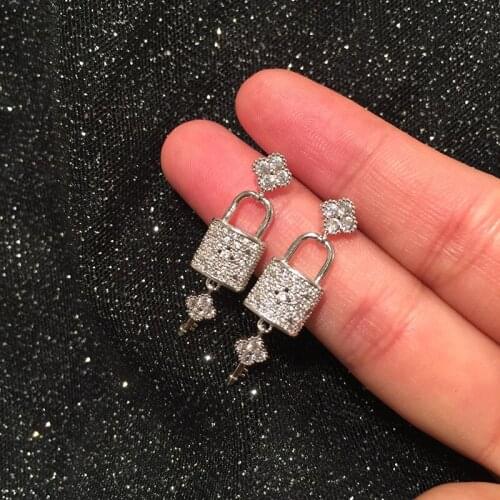 Top Quality S925 Silver Post Cute Flower Earrings Fashion Micro Pave Zircon Stone Lock Key Dangle Earrings For Women