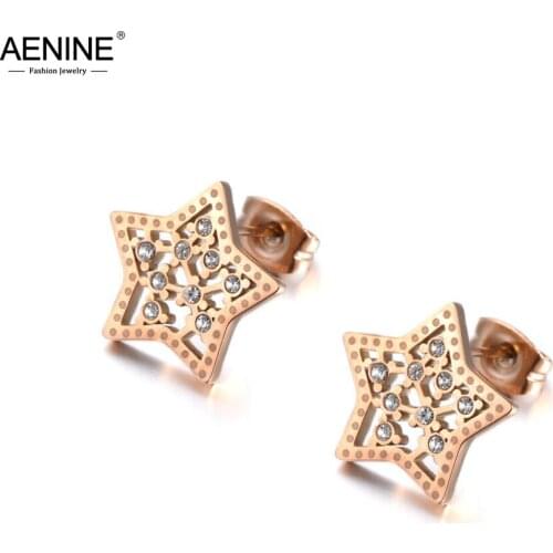 AENINE Fashion OL Style Star Inlay CZ Crystal Stainless Steel Stud Earrings For Women Rose Gold Ear Jewelry Accessories AE19175