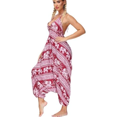Women Sexy V Neck with Spaghetti Strap Loose Beach One Piece Jumpsuit, Boho Harem Print Yoga Jumpsuits