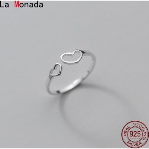 La Monada 53-58mm Two Heart Fashion Rings Female Women Real 925 Silver Ring For Girls Minimalist Adjustable Ring On Finger