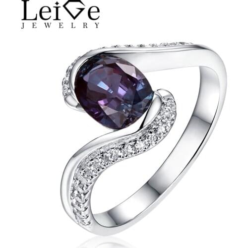 Leige Jewelry Alexandrite Ring OvaL Cut Bezel Setting Engagement Anniversary Rings for Women Fine Jewelry Christmas Gift
