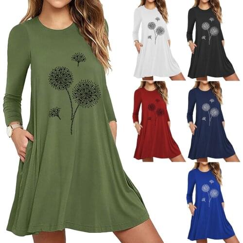 6XL Large Dress Long Sleeve Solid Dandelion Printed A-line Loose Dress Casual Pocket Women Dress Spring Autumn New 2021 Vestidos