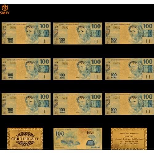 10Pcs lot Gold Plated Banknote Brazil 100 Reais Bank Bill Replica Currency Paper Money Collection And Holiday Gifts