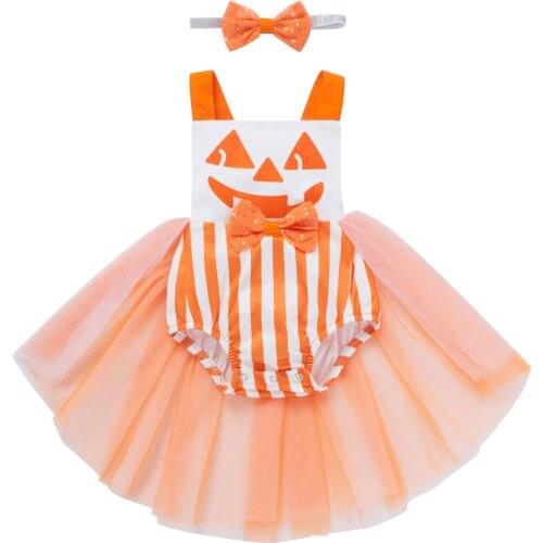 2021 Infant Baby Girls Casual Suspender Romper Cute Halloween Printed Mesh Yarn Hem Jumpsuits and Headband