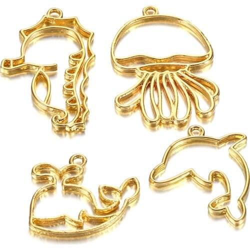 4Pcs/Set Gold Ocean Style Hollow Frames Pendant For Open Bezel Setting UV Epoxy Resin Molds DIY Jewelry Making Craft Accessories