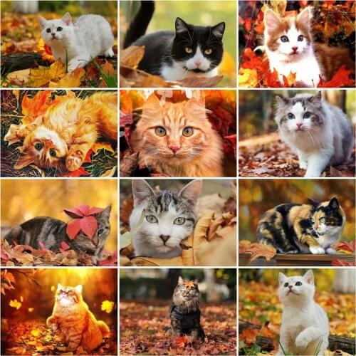 Huacan Cat 5D Diy Diamond Painting Animal Cross Stitch Diamond Embroidery Maple Mosaic Decoration For Home