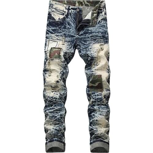 2021 New Mens snow washed patchwork holes ripped jeans Plus big size vintage patch slim straight denim long pants