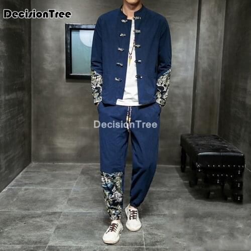 2021 men traditional chinese dragon long sleeve tang suit shirt mandarin collar top and pants kung fu set kimono jacket set