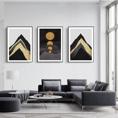 Golden Black Mountain and Sun Wall Art Canvas Painting Abstract Posters and Prints Pictures for Living Room Decoration Home Déco