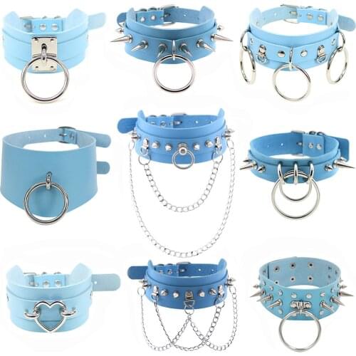 Blue PU Leather Choker Necklaces Jewelry for Cool Girl Stainless Steel Rivet Collar Party Club Trendy Clothing Accessories 2021