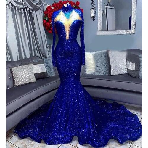 African Women Long Prom Dresses 2021 Sexy Mermaid High Neck Long Sleeve Royal Blue Sequin Black Girls Gala Prom Party Dress