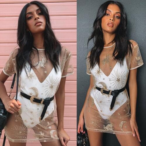 See-Through Women Mesh Cover-Up Dresses Summer Sexy O-Neck Gold Sequins Mini Beach Dress Fashion Lady Star Moon Print Dress