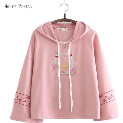 Women Cartoon Floral Embroidery Hooded Sweatshirts Long Sleeve Cotton Hoodies Sweet Style Pullover Tops Casual Tracksuits Female