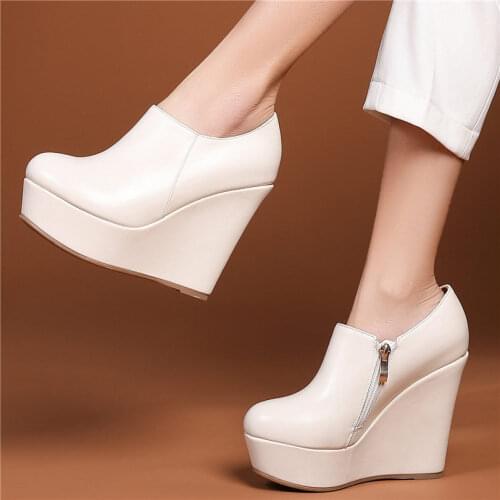 Party Pumps Womens Genuine Leather Ankle Boots Round Toe Platform Wege High Heels Wedding Party Shoes 34 35 36 37 38 39