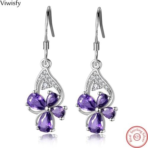 Viwisfy Vintage Jewelry Wedding Crystal Pink Butterfly Flower 925 Sterling Silver Drop Earrings For Women VW21206